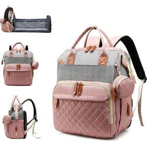 Pink Grey Diaper Bag Backpack with Changing Station Waterproof Baby Travel Bag